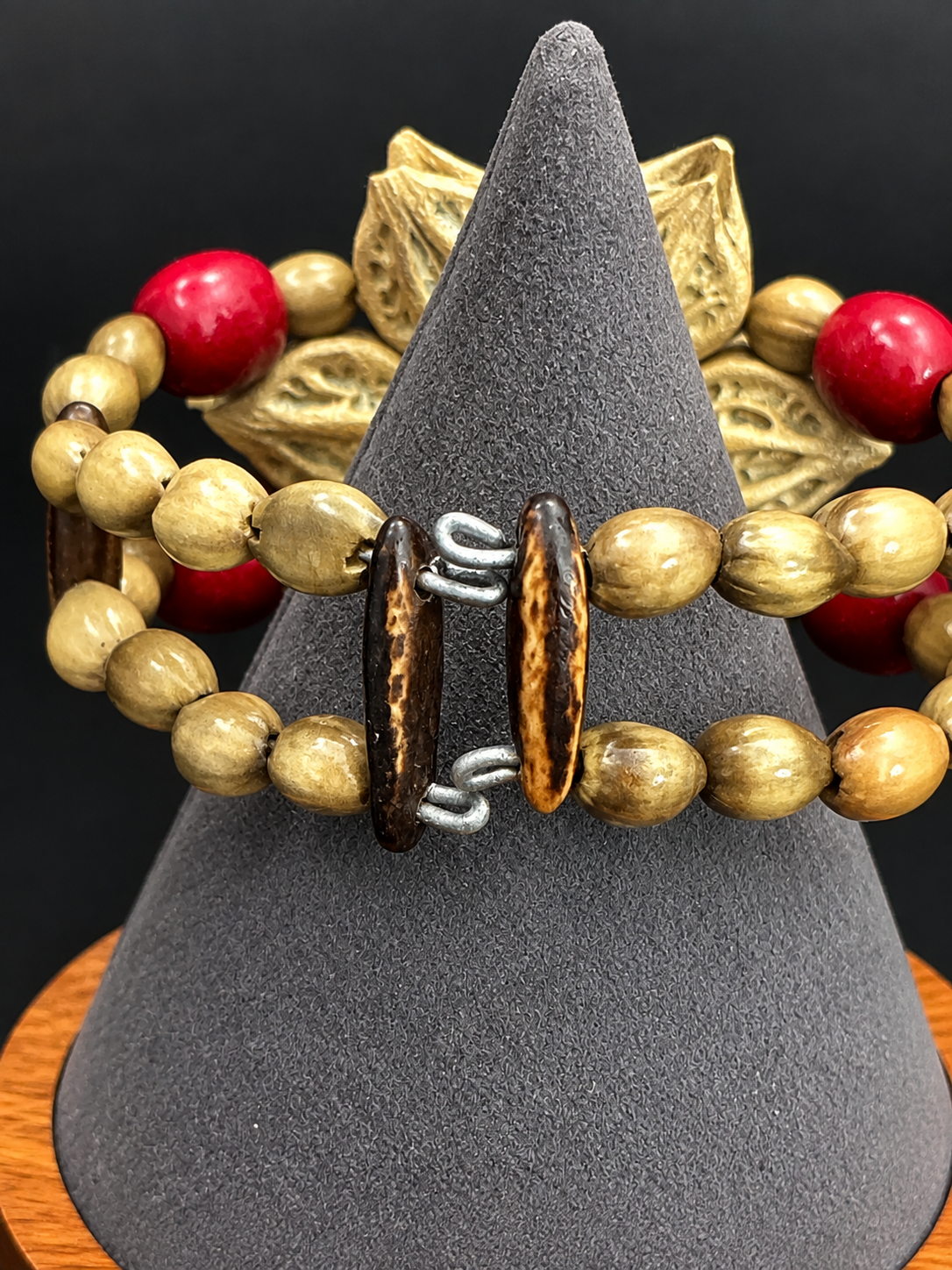 Vintage Natural Seed Pod Wood Bead Bracelet Red Beads Boho Statement