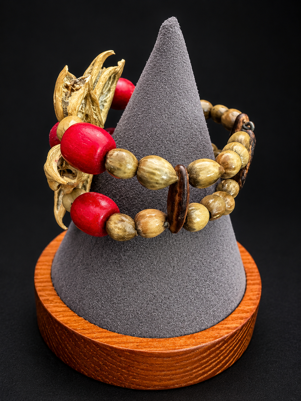 Vintage Natural Seed Pod Wood Bead Bracelet Red Beads Boho Statement