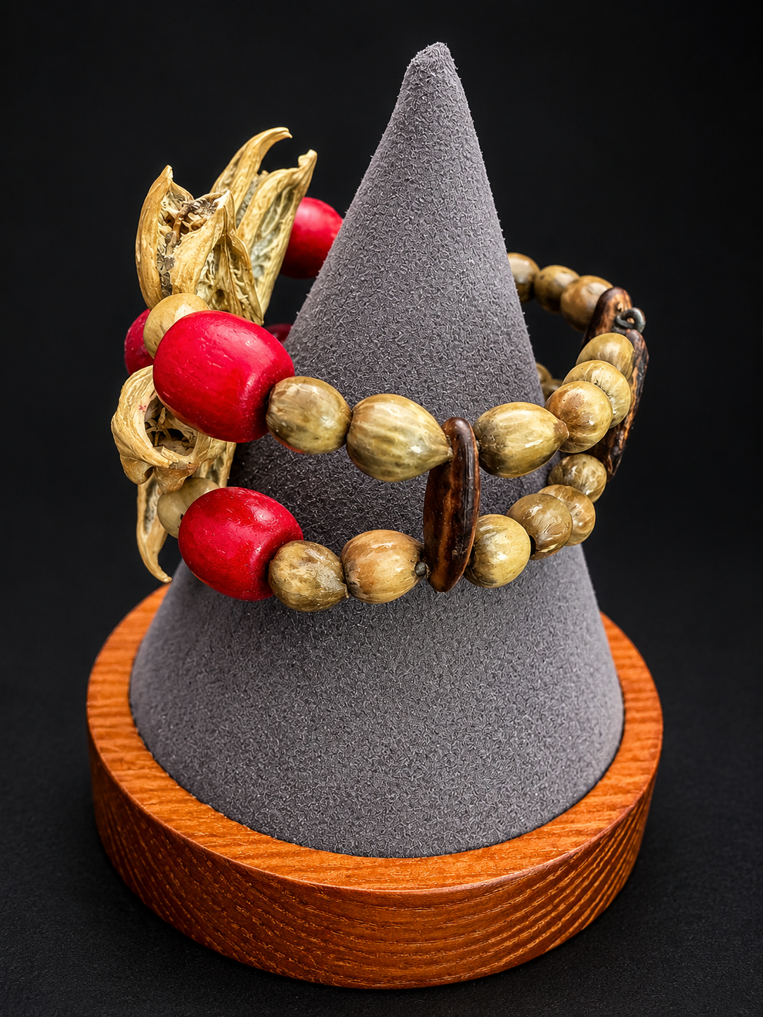 Vintage Natural Seed Pod Wood Bead Bracelet Red Beads Boho Statement