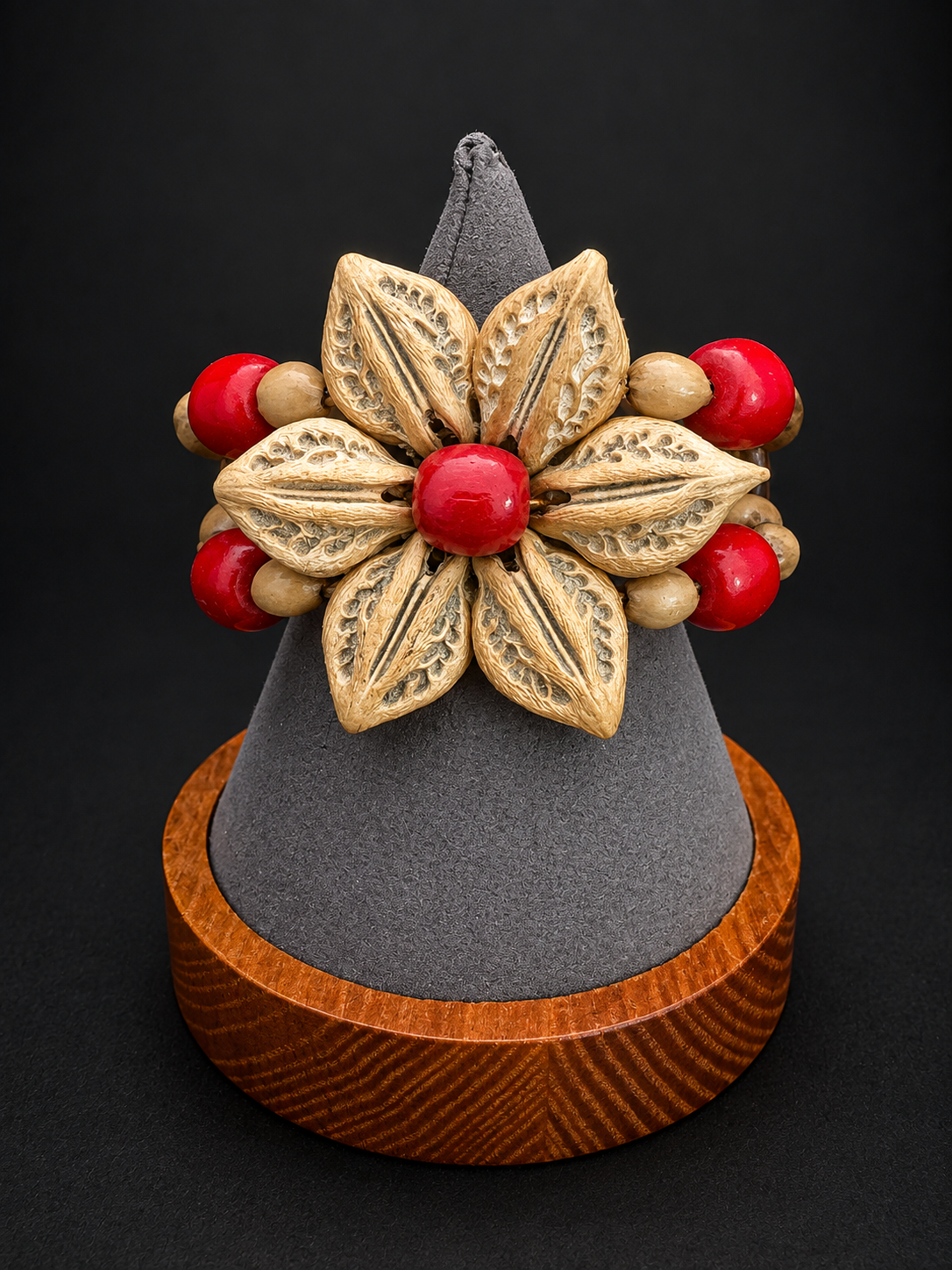 Vintage Natural Seed Pod Wood Bead Bracelet Red Beads Boho Statement