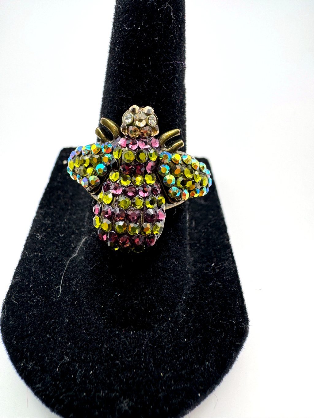 Kirks Folly Crystal Bumble Bee Ring Purple Olive Green AB Rhinestone Antique Gold Tone Size 6