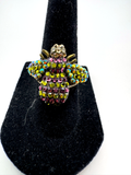 Kirks Folly Crystal Bumble Bee Ring Purple Olive Green AB Rhinestone Antique Gold Tone Size 6