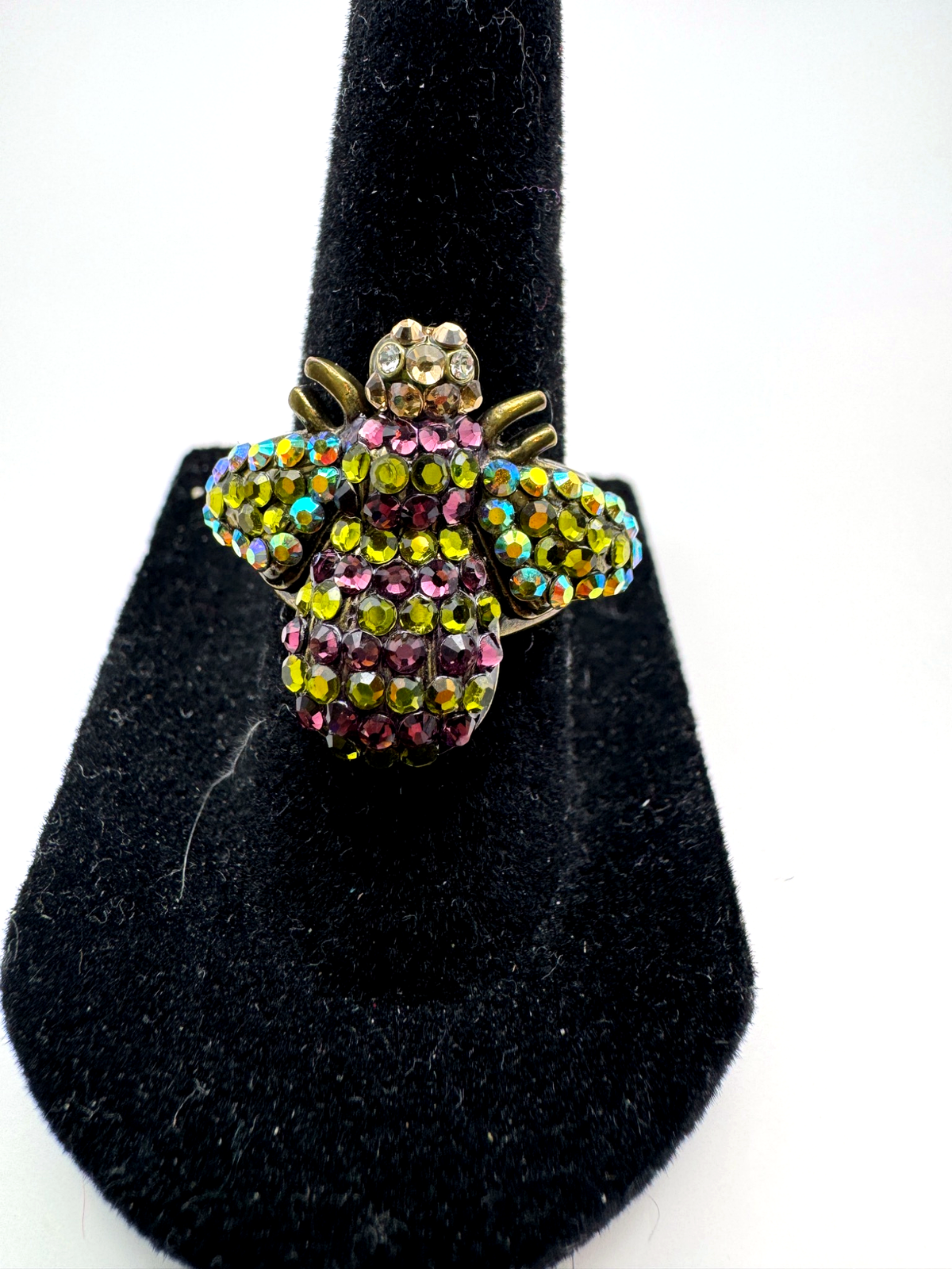 Kirks Folly Crystal Bumble Bee Ring Purple Olive Green AB Rhinestone Antique Gold Tone Size 6