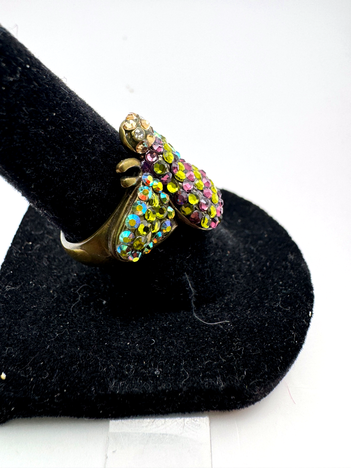 Kirks Folly Crystal Bumble Bee Ring Purple Olive Green AB Rhinestone Antique Gold Tone Size 6