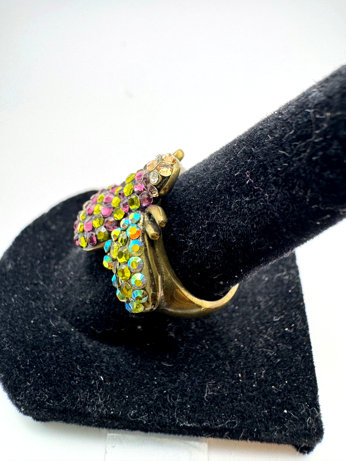 Kirks Folly Crystal Bumble Bee Ring Purple Olive Green AB Rhinestone Antique Gold Tone Size 6