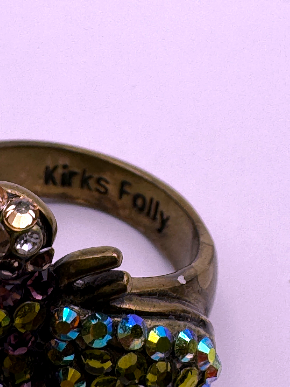 Kirks Folly Crystal Bumble Bee Ring Purple Olive Green AB Rhinestone Antique Gold Tone Size 6