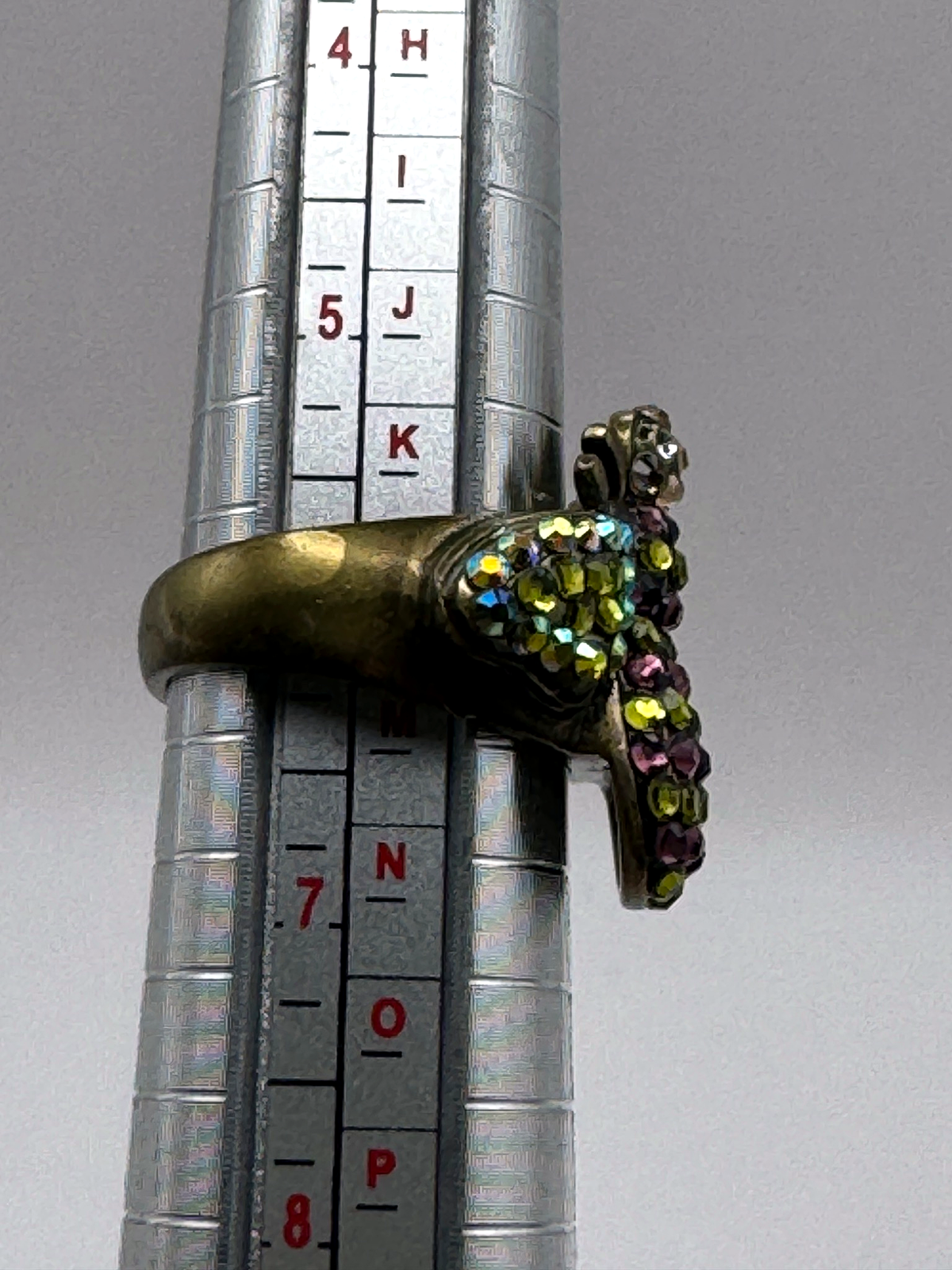 Kirks Folly Crystal Bumble Bee Ring Purple Olive Green AB Rhinestone Antique Gold Tone Size 6