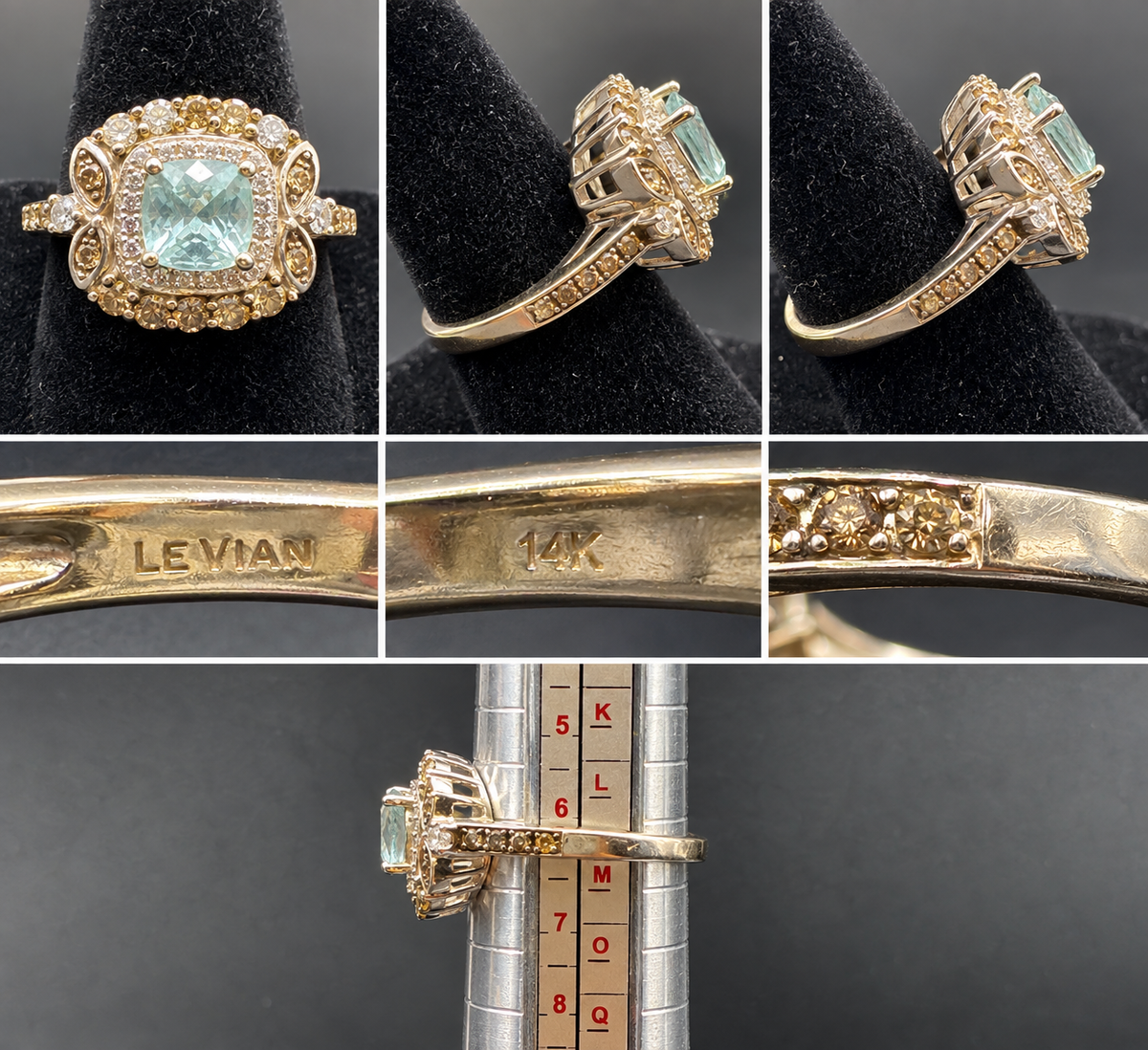 Le Vian 14K Gold Aquaprase Blue Green Cushion Cocktail Statement Ring