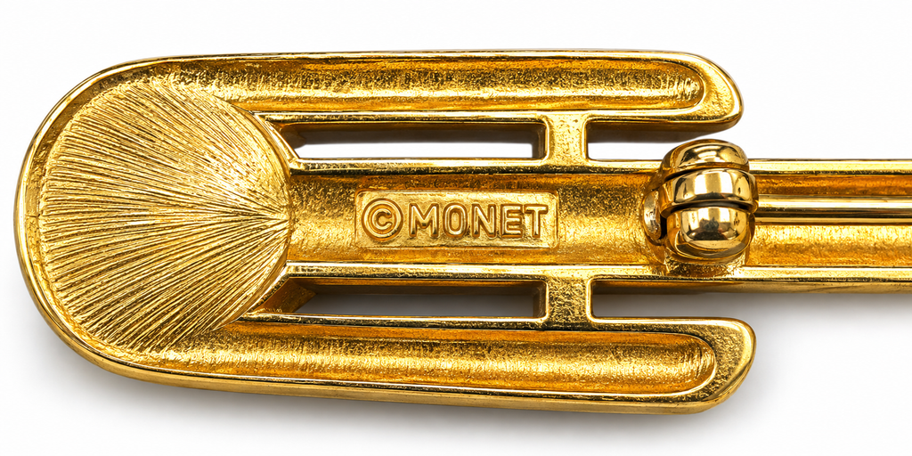 Vintage Monet Gold Tone Double Heart Rhinestone Bar Brooch Pin Signed