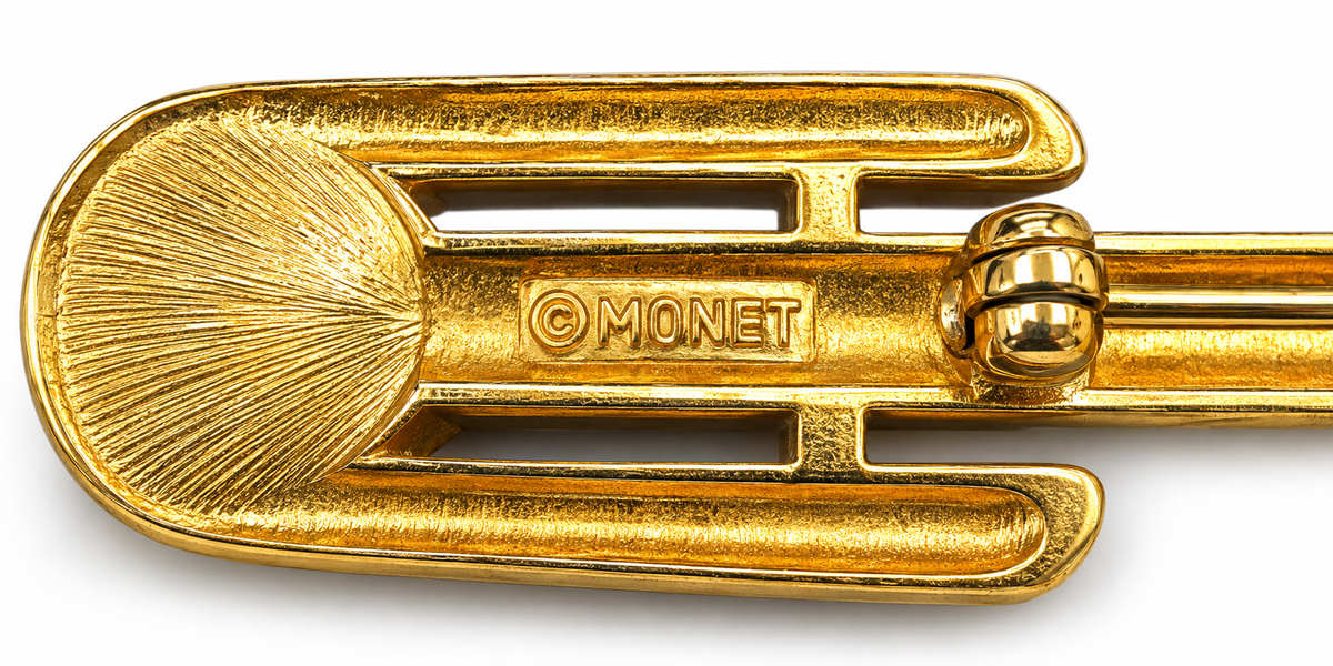 Vintage Monet Gold Tone Double Heart Rhinestone Bar Brooch Pin Signed