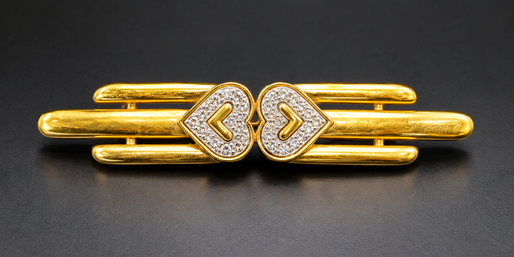Vintage Monet Gold Tone Double Heart Rhinestone Bar Brooch Pin Signed