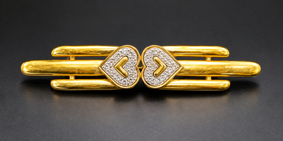Vintage Monet Gold Tone Double Heart Rhinestone Bar Brooch Pin Signed