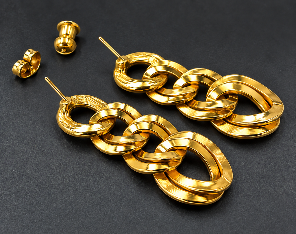 Monet Gold Tone Chunky Link Necklace & Dangle Earrings Set Vintage Signed