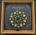 Monet Green Clear Rhinestone Flower Brooch Pin Gold Tone w Original Box VTG