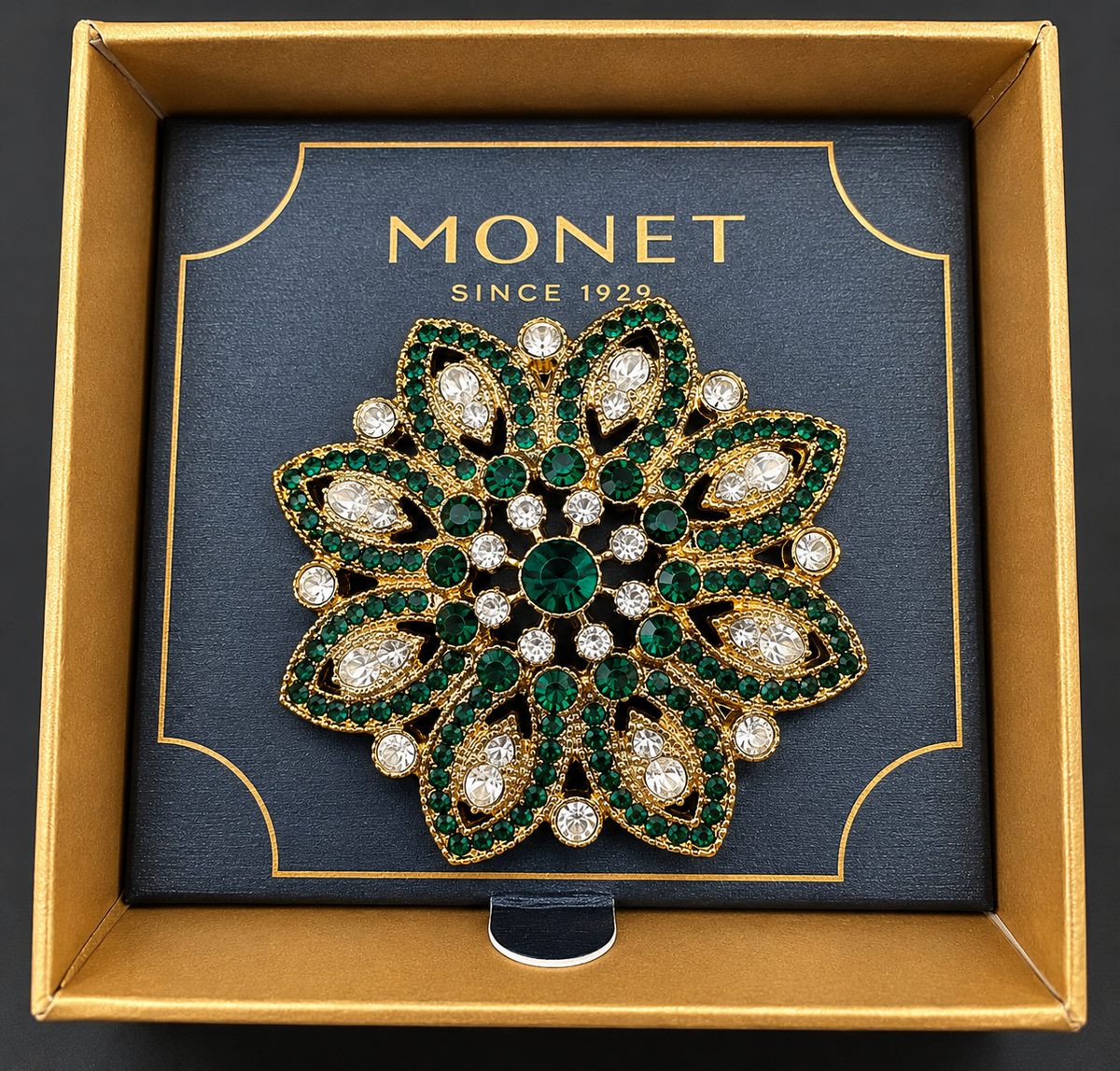 Monet Green Clear Rhinestone Flower Brooch Pin Gold Tone w Original Box VTG