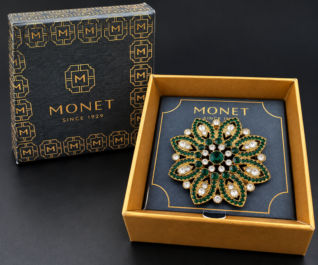 Monet Green Clear Rhinestone Flower Brooch Pin Gold Tone w Original Box VTG