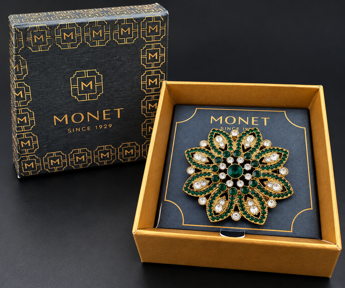 Monet Green Clear Rhinestone Flower Brooch Pin Gold Tone w Original Box VTG
