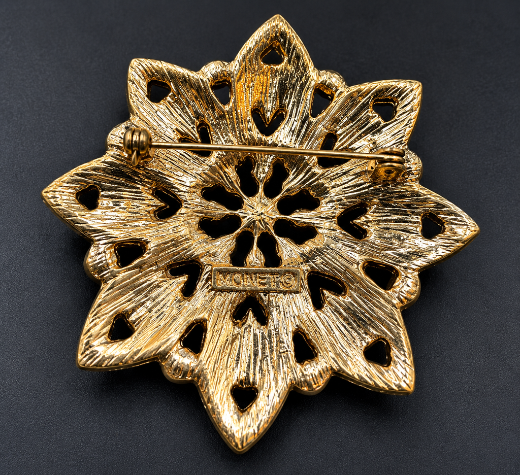 Monet Green Clear Rhinestone Flower Brooch Pin Gold Tone w Original Box VTG