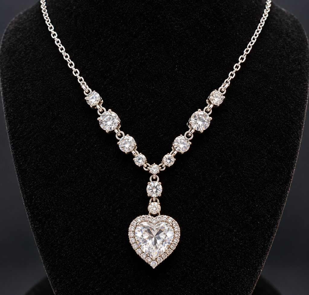 Heart Crystal Pendant Necklace Silver Tone Rhinestone Halo Adjustable 16-18"