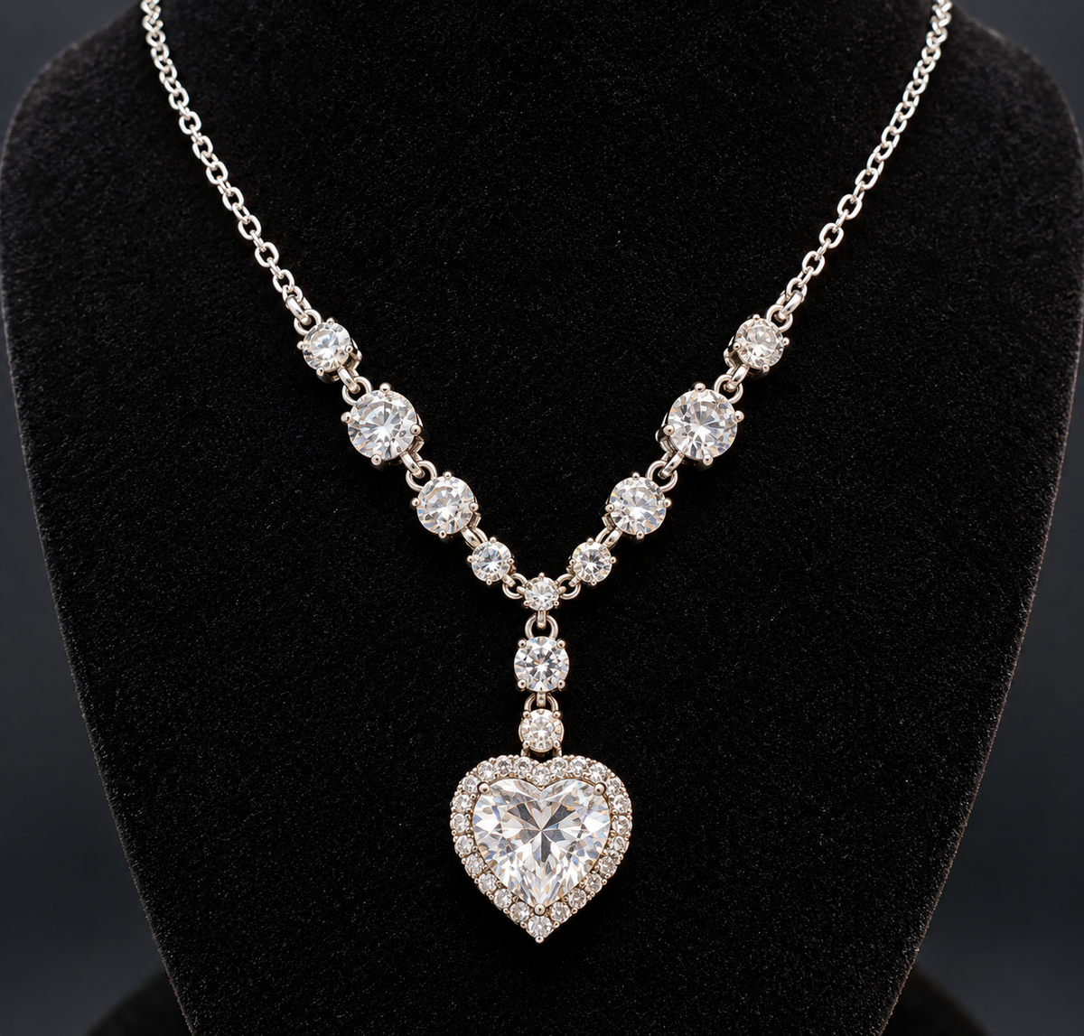 Heart Crystal Pendant Necklace Silver Tone Rhinestone Halo Adjustable 16-18"