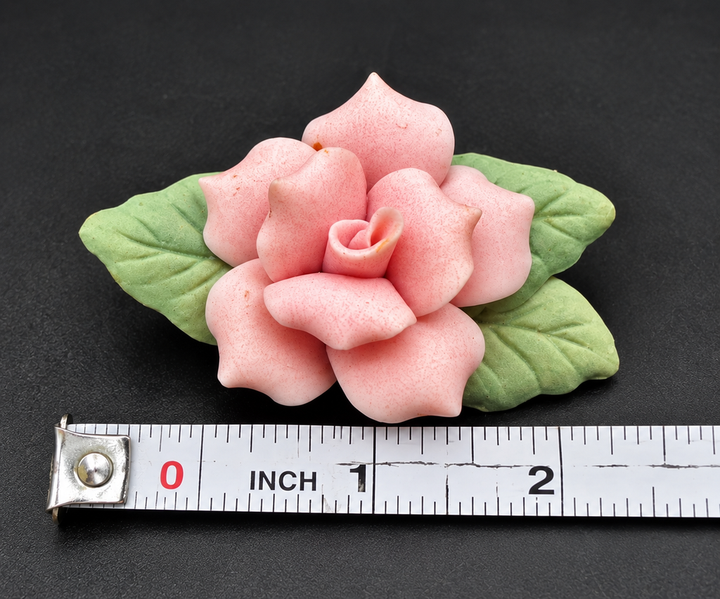 Vintage Pink Porcelain Rose Flower Brooch Pin w Green Leaves Gold Tone Estate