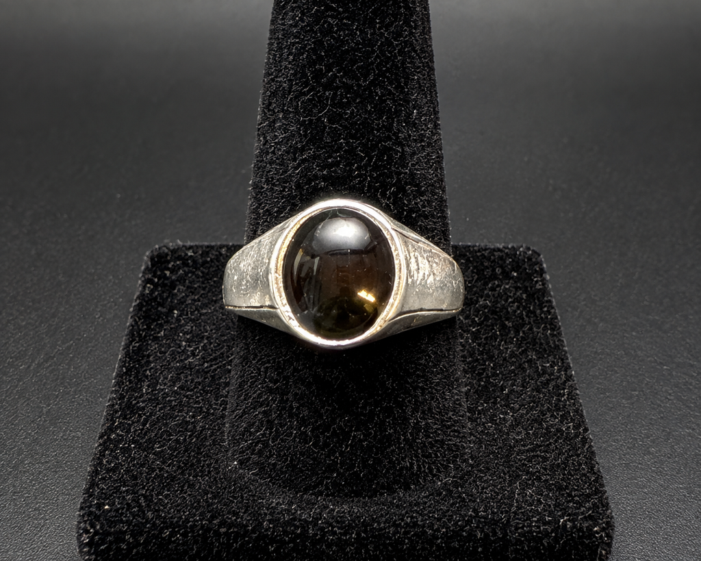 Vintage Black Onyx Cabochon Silver Tone Signet Ring Modernist Statement Size 8