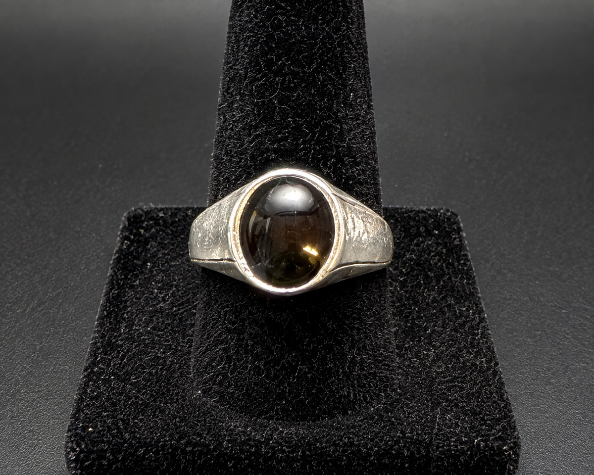 Vintage Black Onyx Cabochon Silver Tone Signet Ring Modernist Statement Size 8