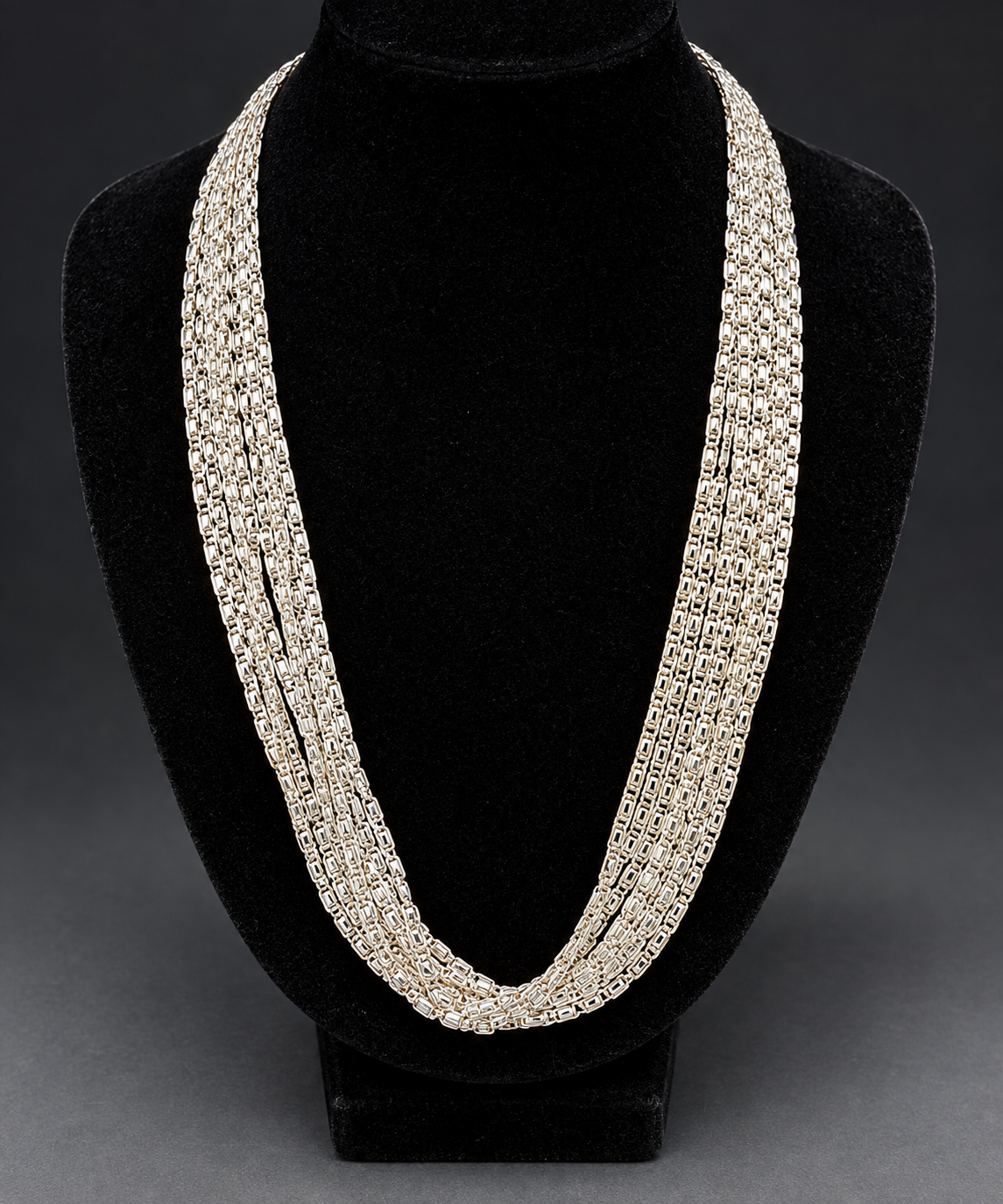 Vintage Sarah Coventry Signed Silver Tone Multi Strand Byzantine Necklace w/Box