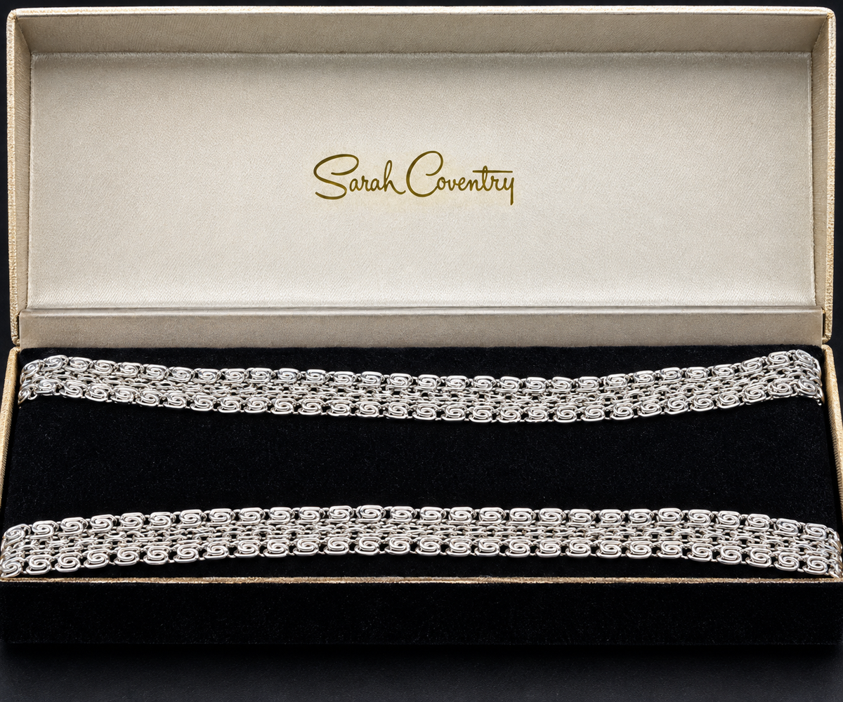 Vintage Sarah Coventry Signed Silver Tone Multi Strand Byzantine Necklace w/Box