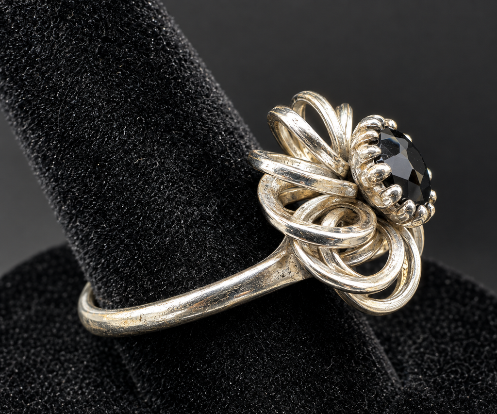 Sarah Coventry Silver Tone Black Stone Statement Ring Adjustable