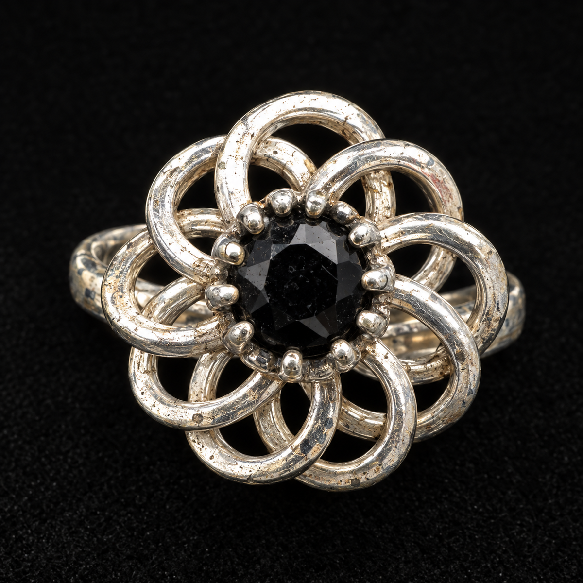 Sarah Coventry Silver Tone Black Stone Statement Ring Adjustable