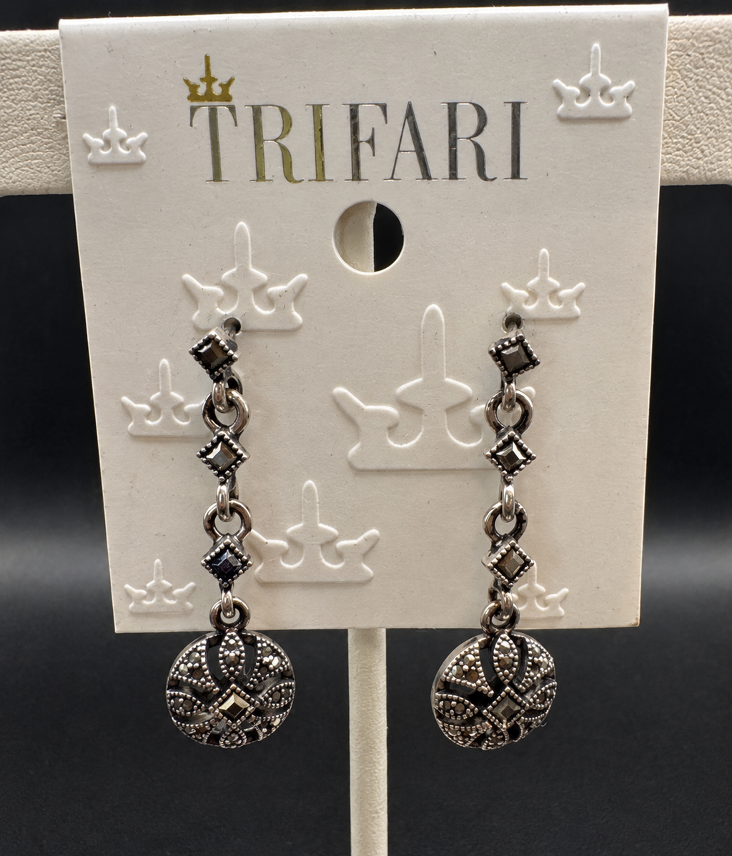 Trifari Silver Tone Marcasite Look Dangle Earrings Smoky Rhinestone NWT