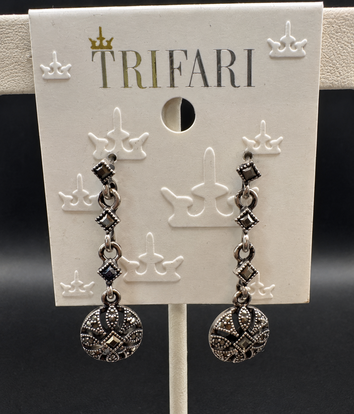 Trifari Silver Tone Marcasite Look Dangle Earrings Smoky Rhinestone NWT