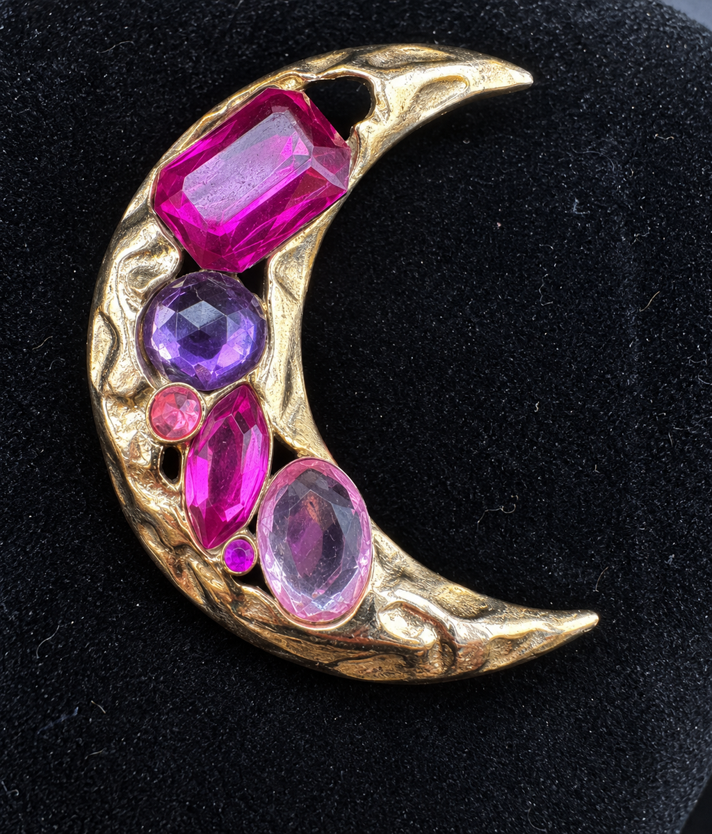 Vintage Park Lane Crescent Moon Brooch Pink Purple Faceted Gold Tone Statement
