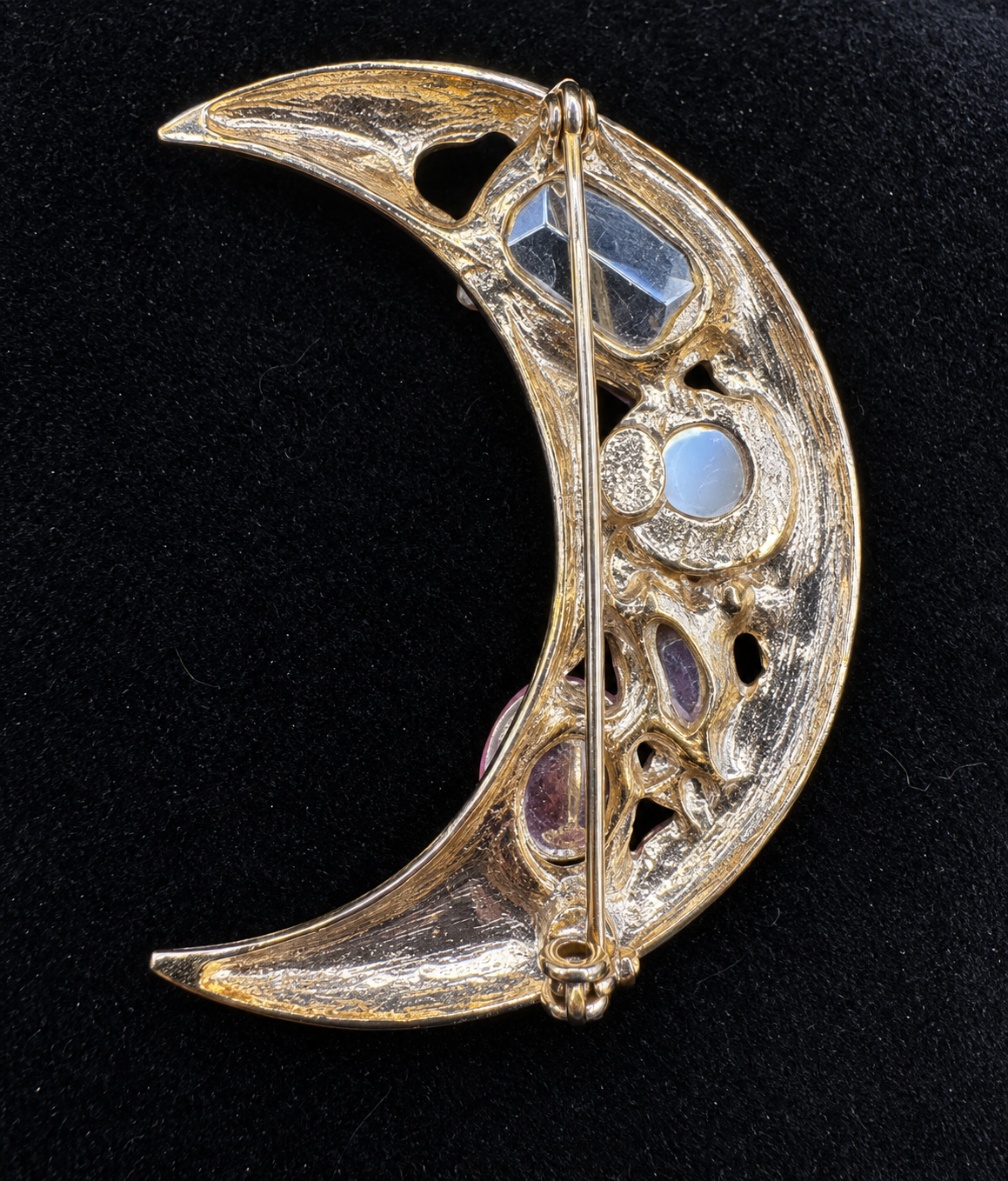 Vintage Park Lane Crescent Moon Brooch Pink Purple Faceted Gold Tone Statement