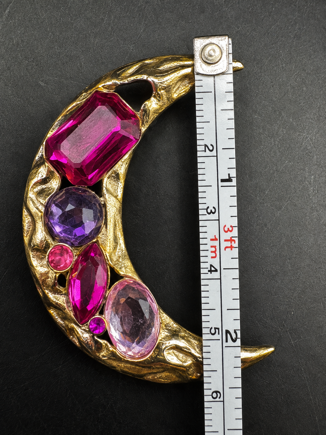 Vintage Park Lane Crescent Moon Brooch Pink Purple Faceted Gold Tone Statement