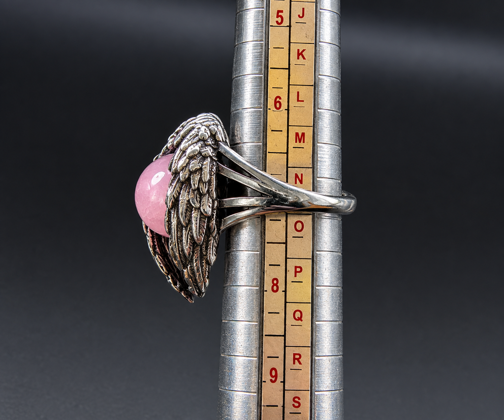 Angel Wing Pink Stone Ring Silver Tone Round Cabochon Statement Ring Size 6