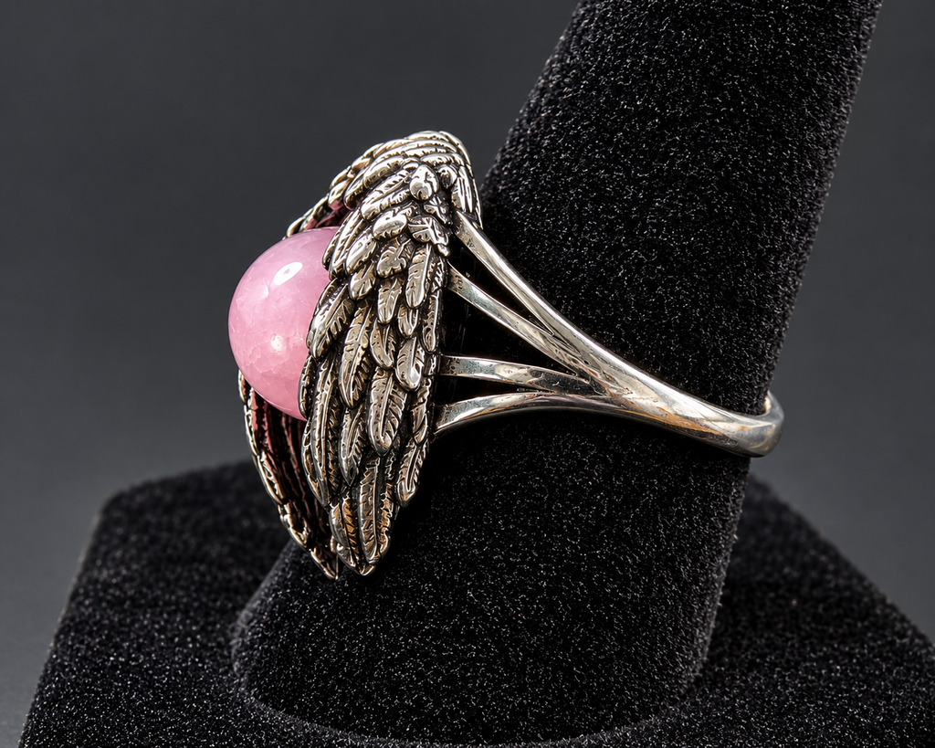 Angel Wing Pink Stone Ring Silver Tone Round Cabochon Statement Ring Size 6