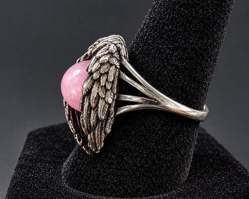Angel Wing Pink Stone Ring Silver Tone Round Cabochon Statement Ring Size 6