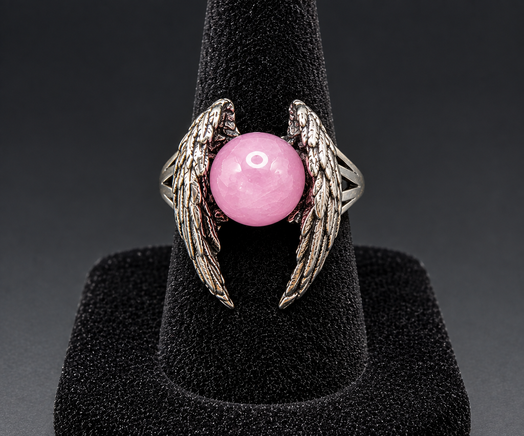 Angel Wing Pink Stone Ring Silver Tone Round Cabochon Statement Ring Size 6