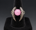 Angel Wing Pink Stone Ring Silver Tone Round Cabochon Statement Ring Size 6