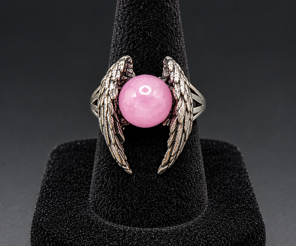 Angel Wing Pink Stone Ring Silver Tone Round Cabochon Statement Ring Size 6