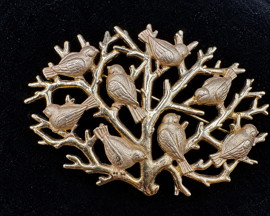 Vintage JJ Jonette Eight Birds in Tree Branch Gold Tone Brooch Pin Signed