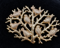 Vintage JJ Jonette Eight Birds in Tree Branch Gold Tone Brooch Pin Signed