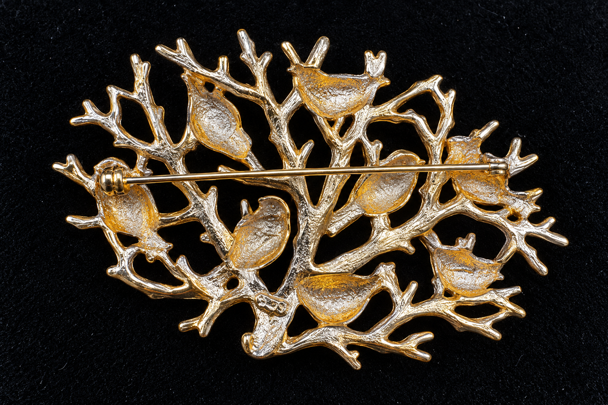 Vintage JJ Jonette Eight Birds in Tree Branch Gold Tone Brooch Pin Signed