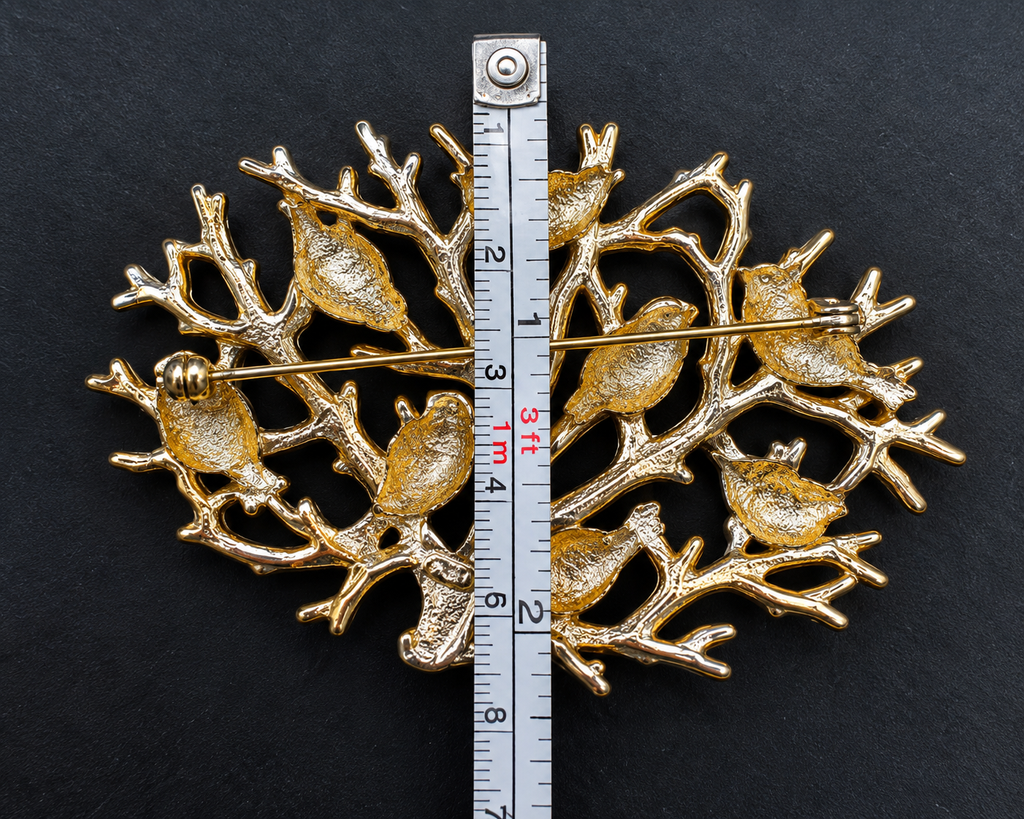 Vintage JJ Jonette Eight Birds in Tree Branch Gold Tone Brooch Pin Signed