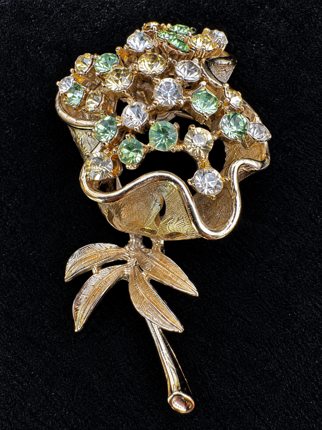 Vintage Signed CORO Rhinestone Flower Bouquet Brooch Green Clear Gold Tone Pin
