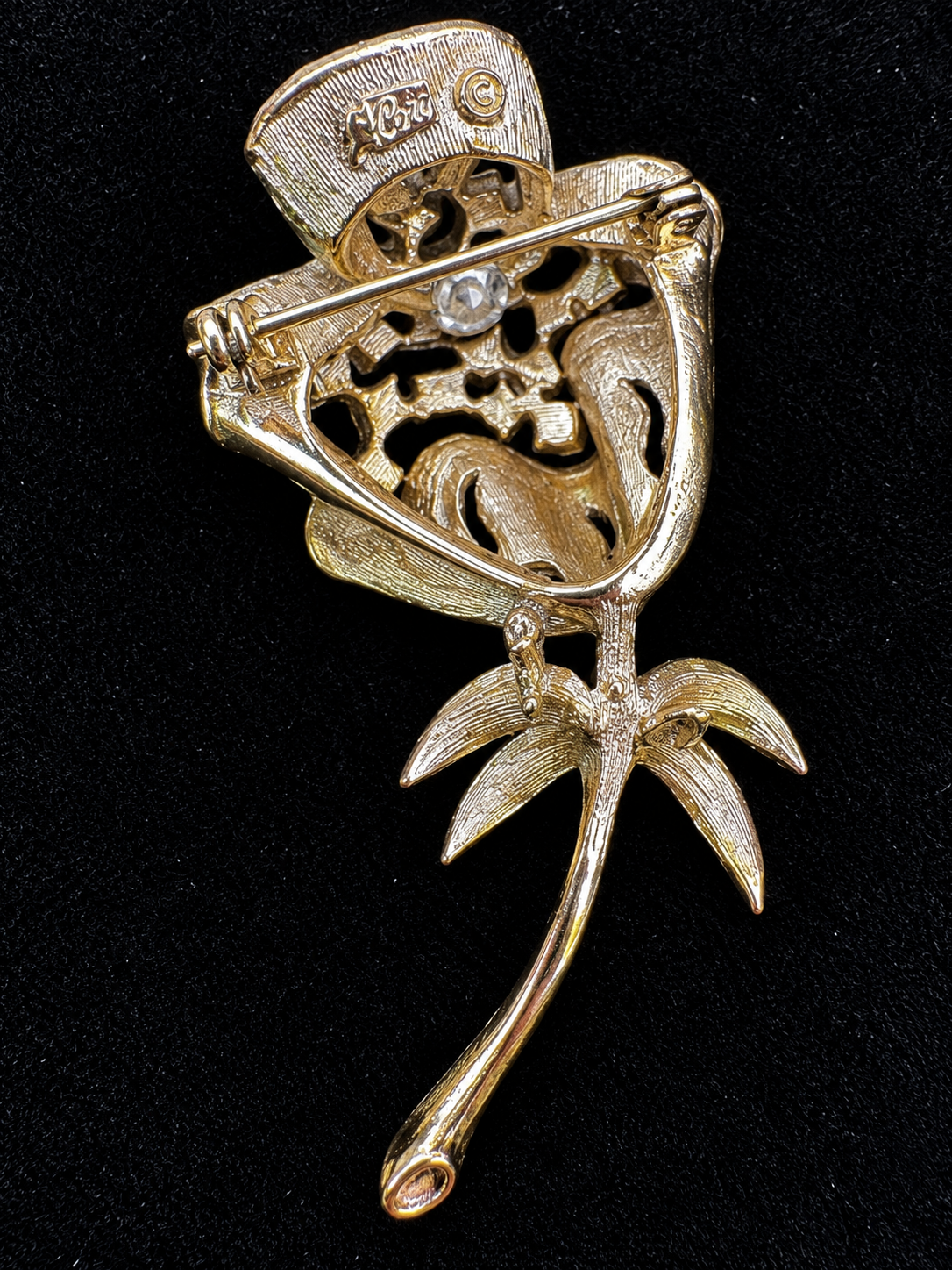 Vintage Signed CORO Rhinestone Flower Bouquet Brooch Green Clear Gold Tone Pin