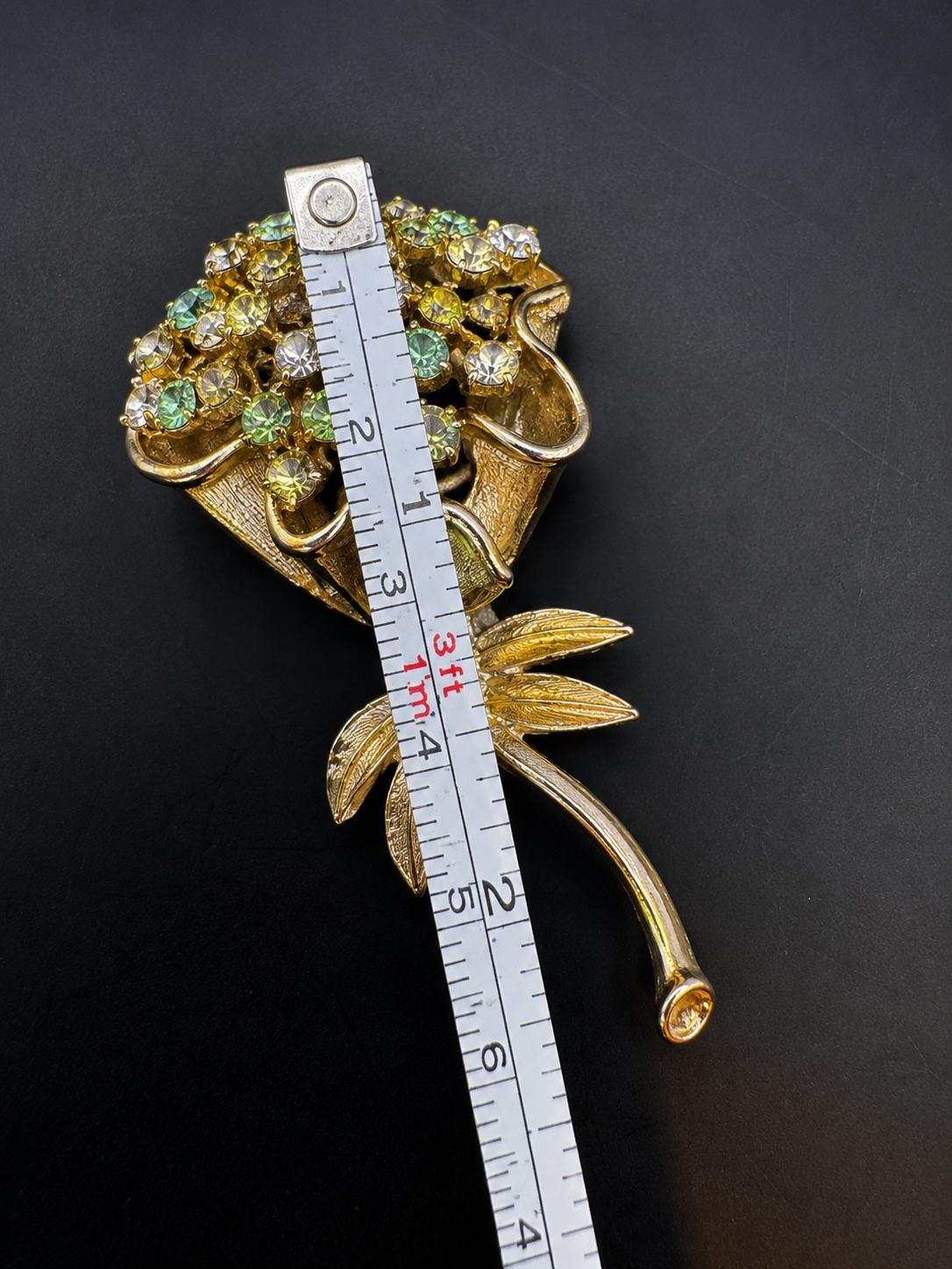 Vintage Signed CORO Rhinestone Flower Bouquet Brooch Green Clear Gold Tone Pin