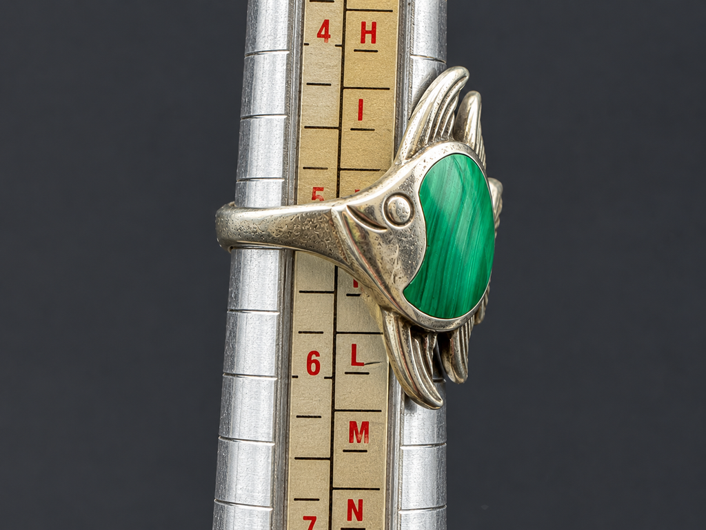 Vintage Sterling Silver Malachite Fish Ring Size 5.5 Green Stone Figural Estate